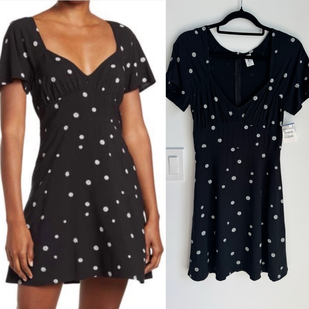 Abound Women’s XS Short Sleeve Black Skater Mini Dress Floral Daisy‎ Print NEW